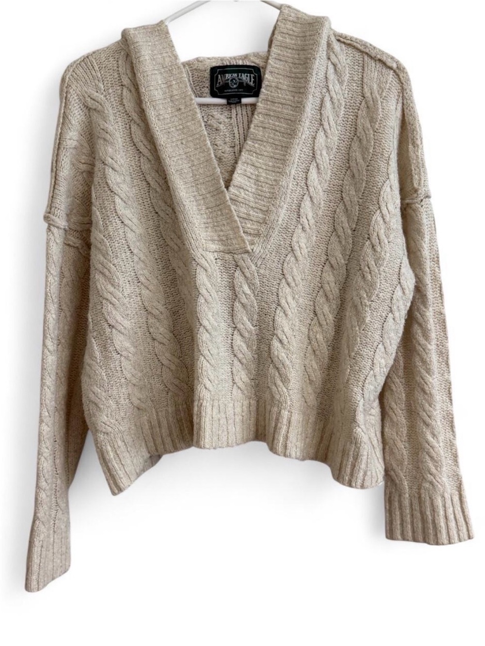 American Eagle Outfitters Beige Cable-Knit V-Neck Sweater